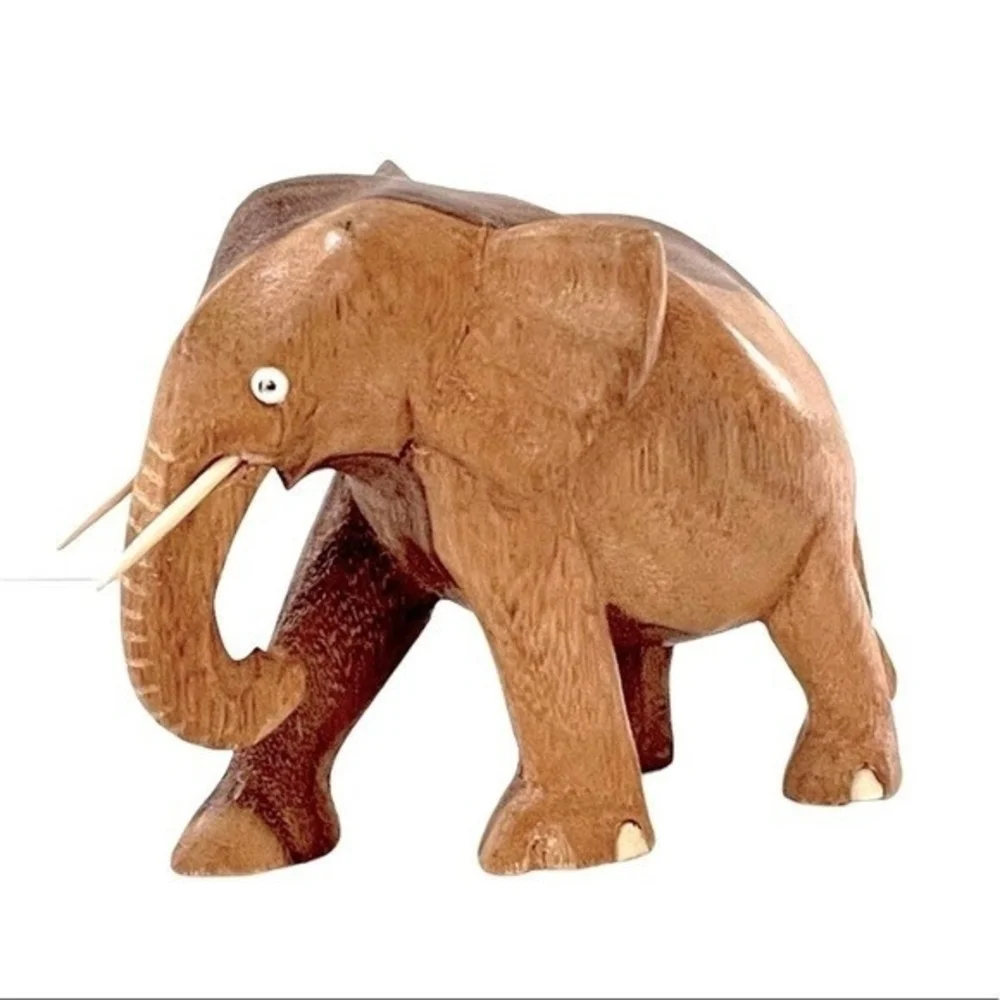 Hand Carved Tan Wood Elephant Statue 4